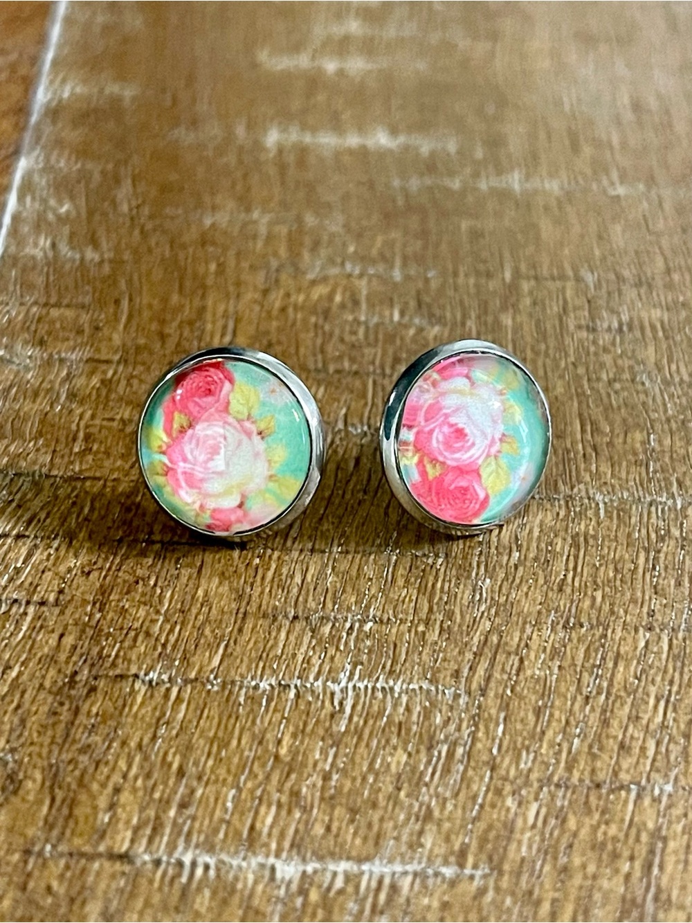 Pink floral and mint 12mm stud earrings